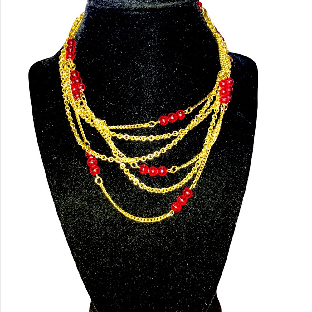 Disco Long Gold‎ Tone Chain Red Glass Bead Necklace
